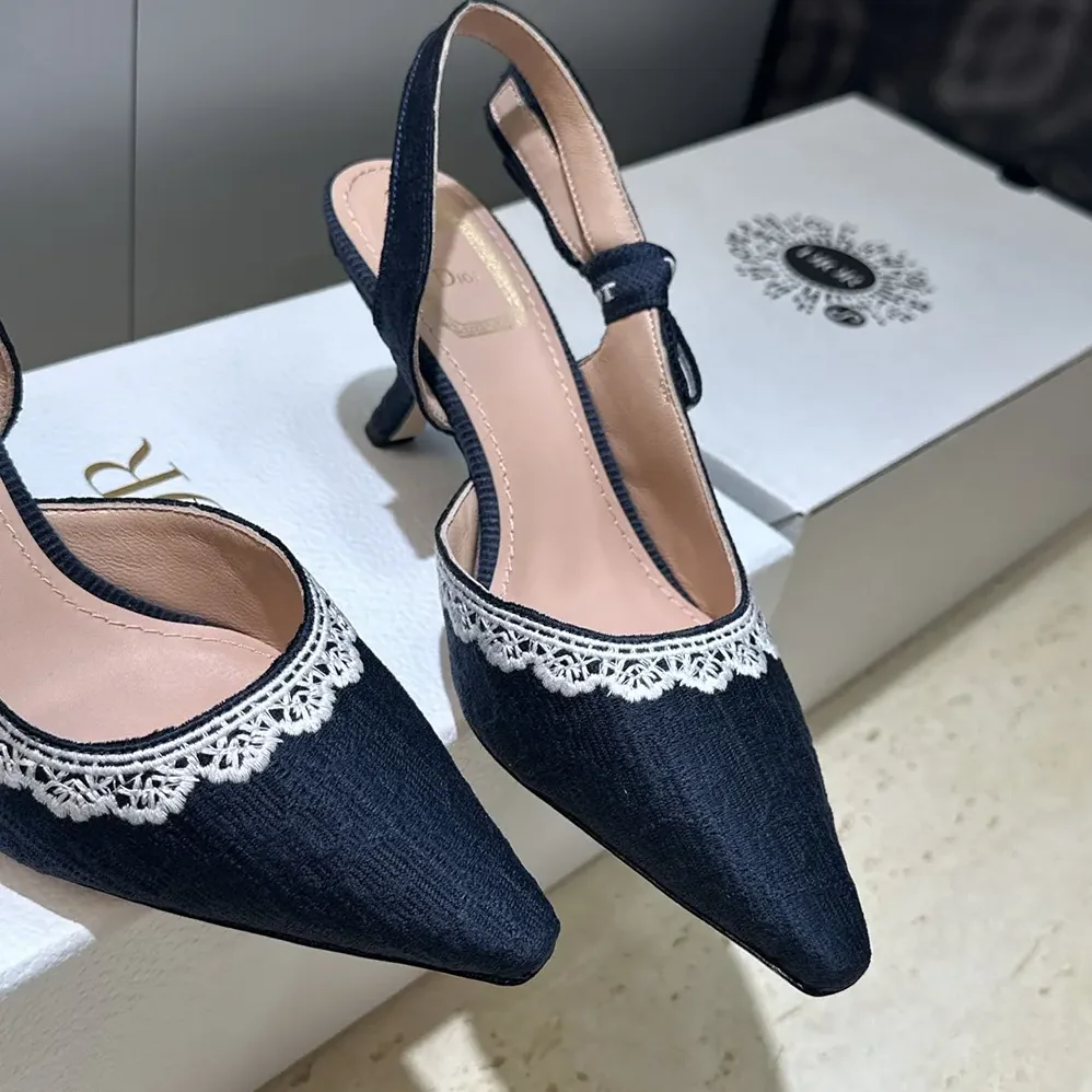 Dior J'Adior Slingback Pump Blue Dior Oblique Embroidered Cotton and White Lace for Women Dior J'Adior Slingback Pump Blue Dior Oblique Embroidered Cotton and White Lace for Women