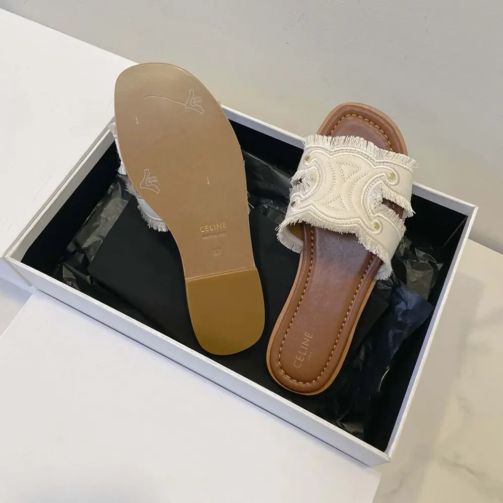 Celine Marina Mule in Fringed Canvas for Women in White