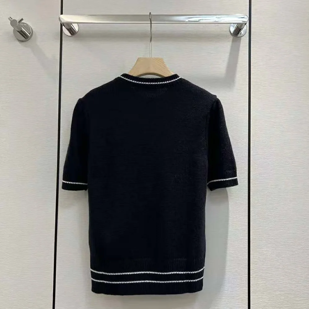 Dior Christian Dior Short-Sleeved Sweater Navy Blue Cashmere and Wool Knit for Women