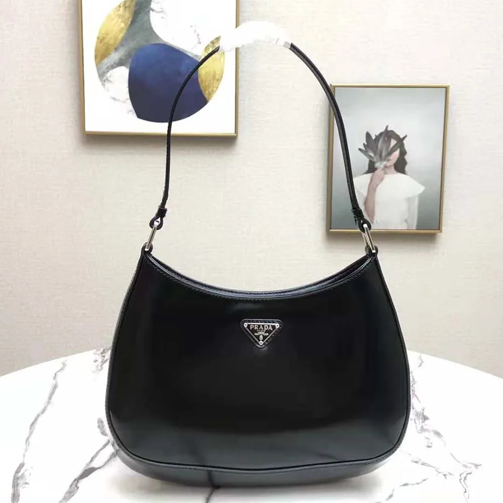 Prada Cleo Brushed Leather Shoulder Bag in Black