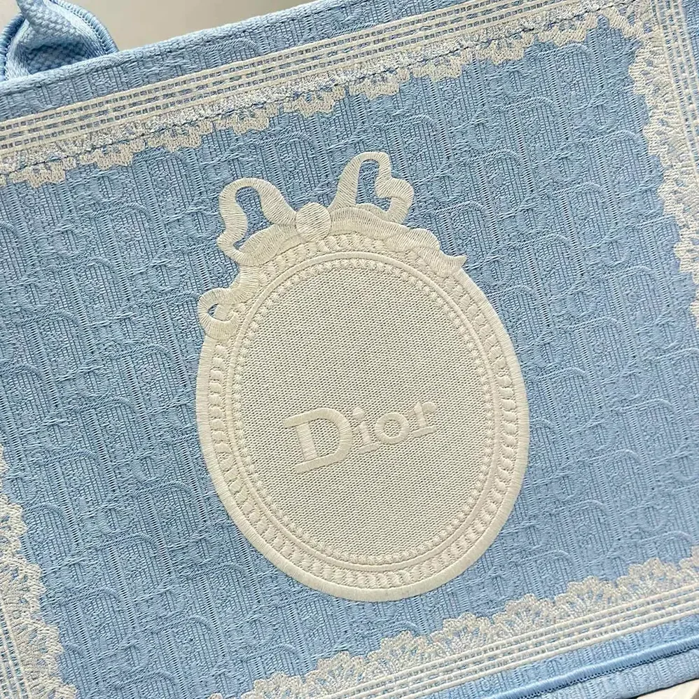Dior Medium Dior Book Tote with Strap Blue Dior Oblique Embroidery with White Lace and Dior Médaillon for Women Dior Medium Dior Book Tote with Strap Blue Dior Oblique Embroidery with White Lace and Dior Médaillon for Women