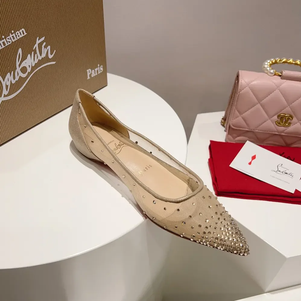 Christian Louboutin Follies Strass Ballerinas Mesh and Suede for Women in Beige Christian Louboutin Follies Strass Ballerinas Mesh and Suede for Women in Beige