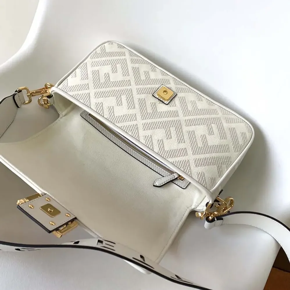 Fendi Baguette White Denim Bag with FF Embroidery for Women