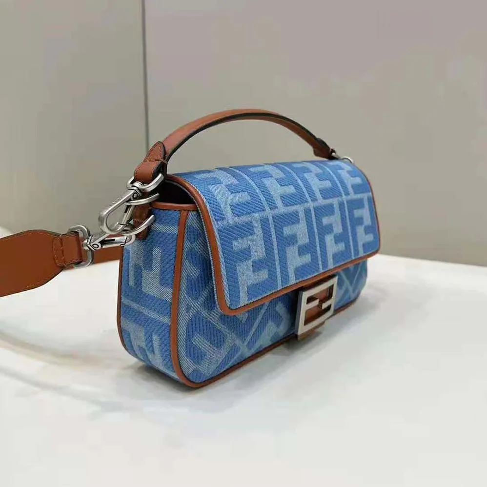 Fendi Baguette Light Blue Denim Bag with FF Embroidery for Women