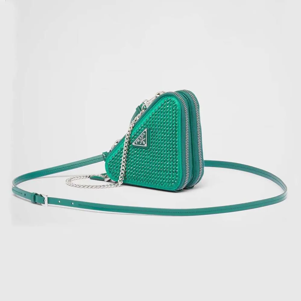 Prada Embellished Satin and Leather Mini-Pouch for Women in Green