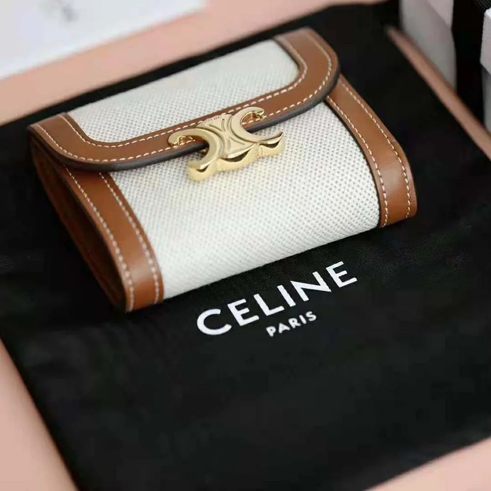 Celine Small Triomphe Wallet in Textile and Calfskin for Women in Brown Celine Small Triomphe Wallet in Textile and Calfskin for Women in Brown