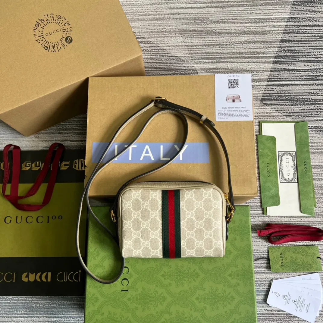 Gucci Ophidia Mini GG Bag Beige And Ebony GG Supreme Canvas, With Beige / Gucci Ophidia Mini GG Bag Beige And Ebony GG Supreme Canvas, With Beige /