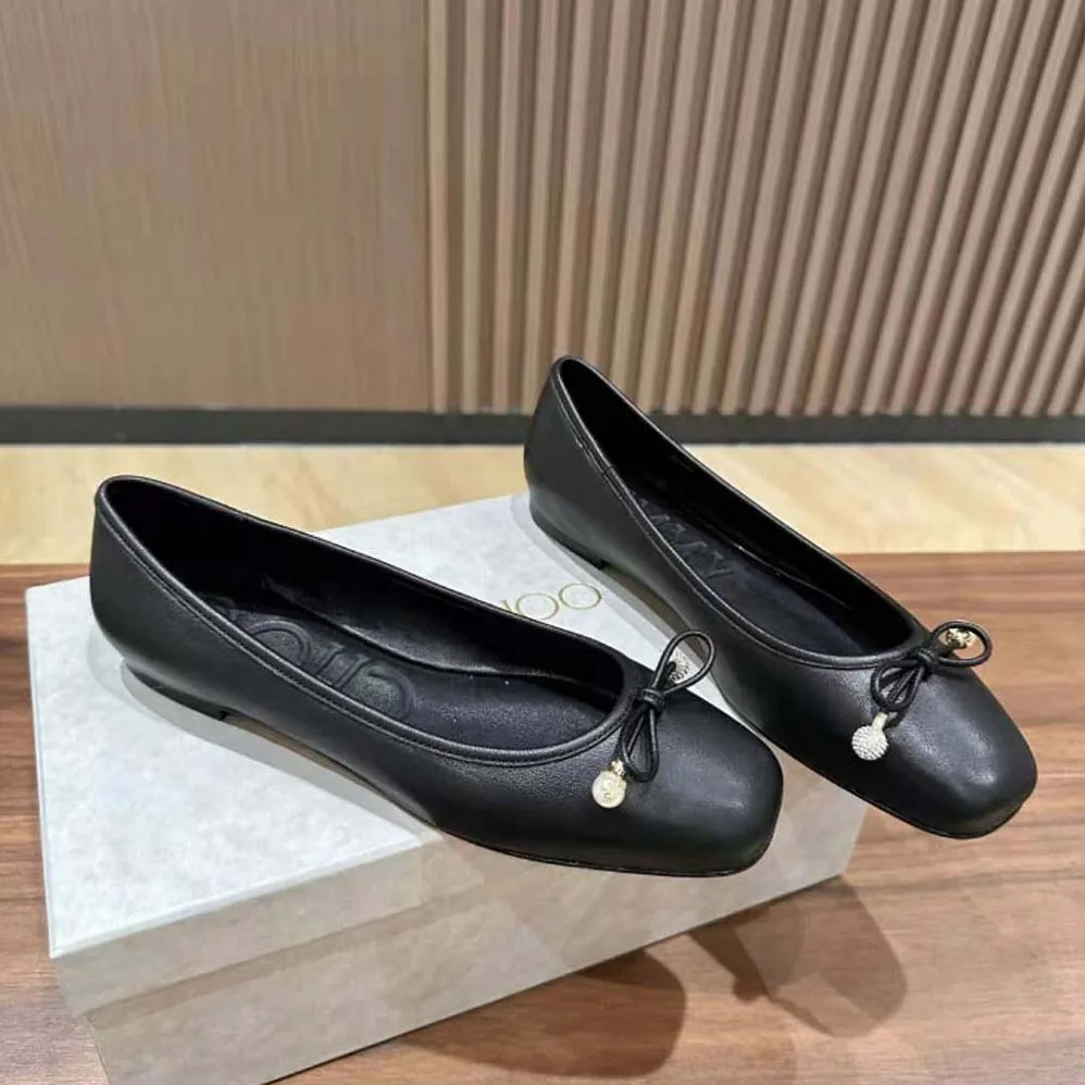 Jimmy Choo Elme Flat Black Nappa Leather Flats with Pearl Embellishment for Women Jimmy Choo Elme Flat Black Nappa Leather Flats with Pearl Embellishment for Women