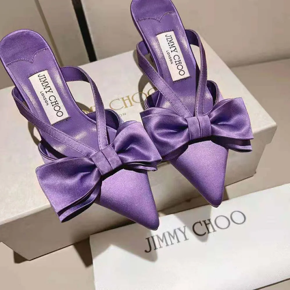 Jimmy Choo Flaca Mule 50 Wisteria Satin Mules with Bow for Women