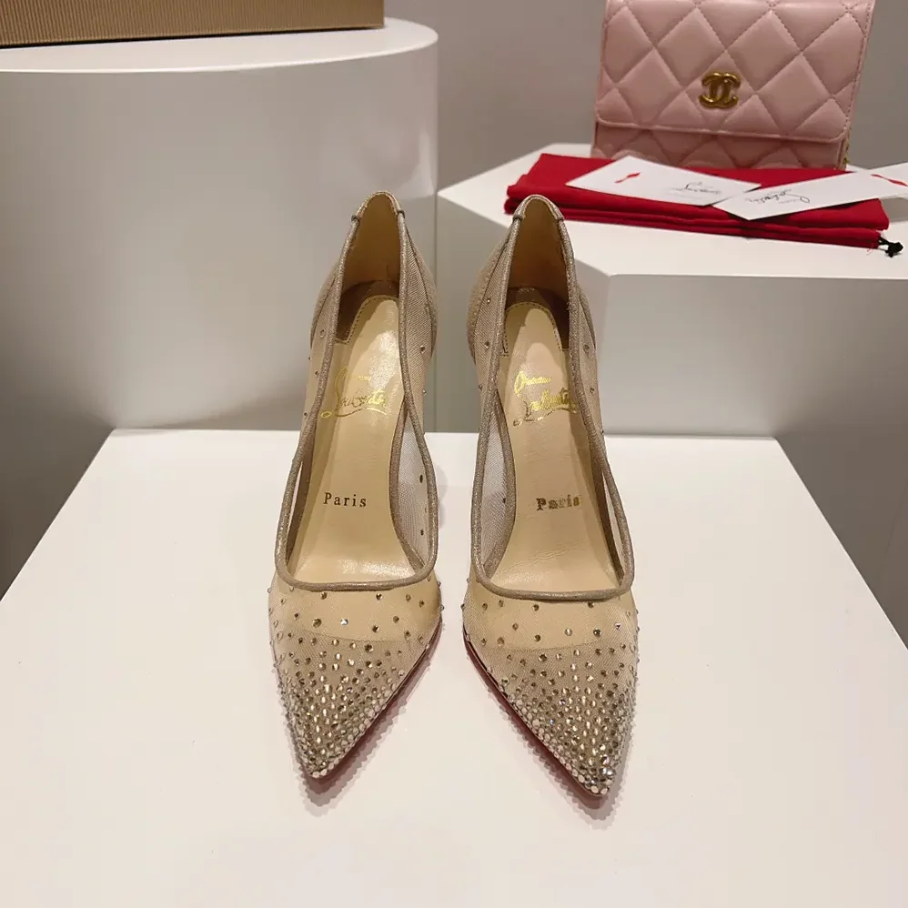 Christian Louboutin Follies Strass 100 mm Pumps Net Suede Calf and Strass for Women in Beige Christian Louboutin Follies Strass 100 mm Pumps Net Suede Calf and Strass for Women in Beige