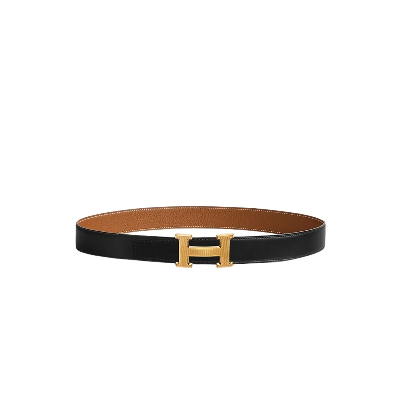 Hermes H Guillochee Belt Buckle And Reversible Leather Strap Noir in Gold