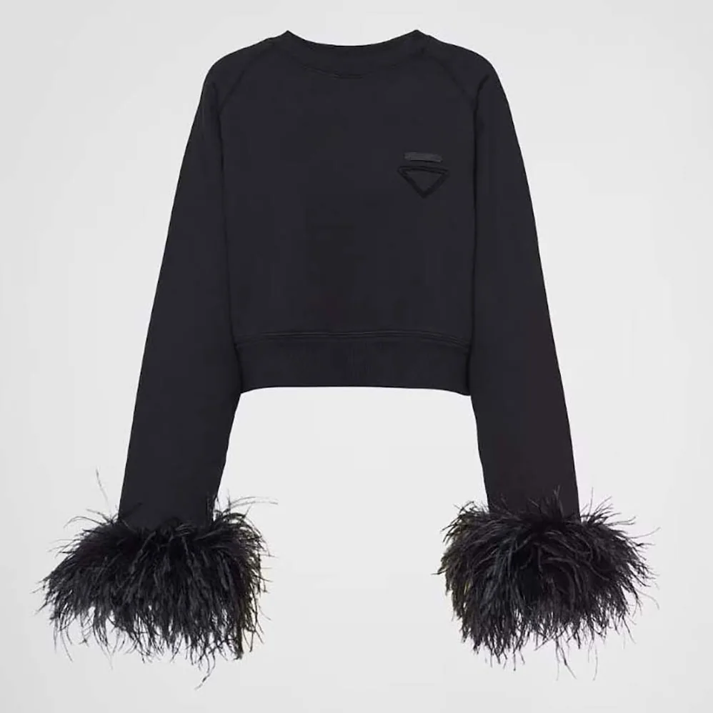 Prada Crew-neck Sweatshirt with Feather Trim for Women in Black