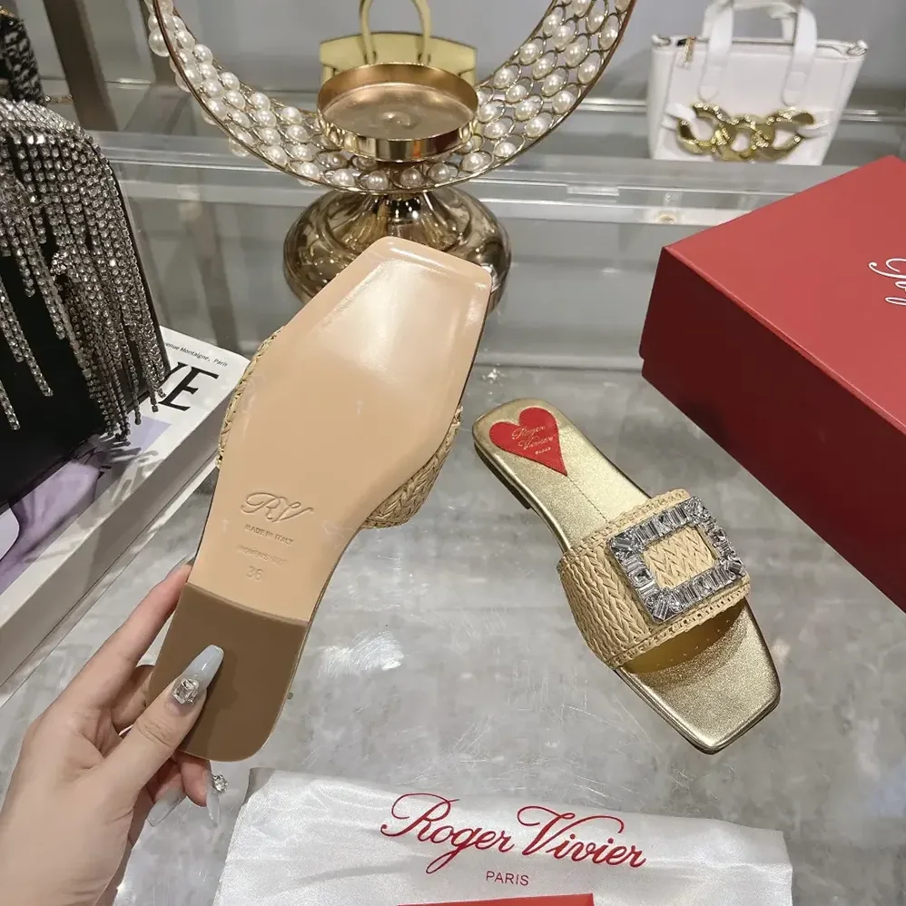 Roger Vivier Strass Buckle Slides in Raffia for Women