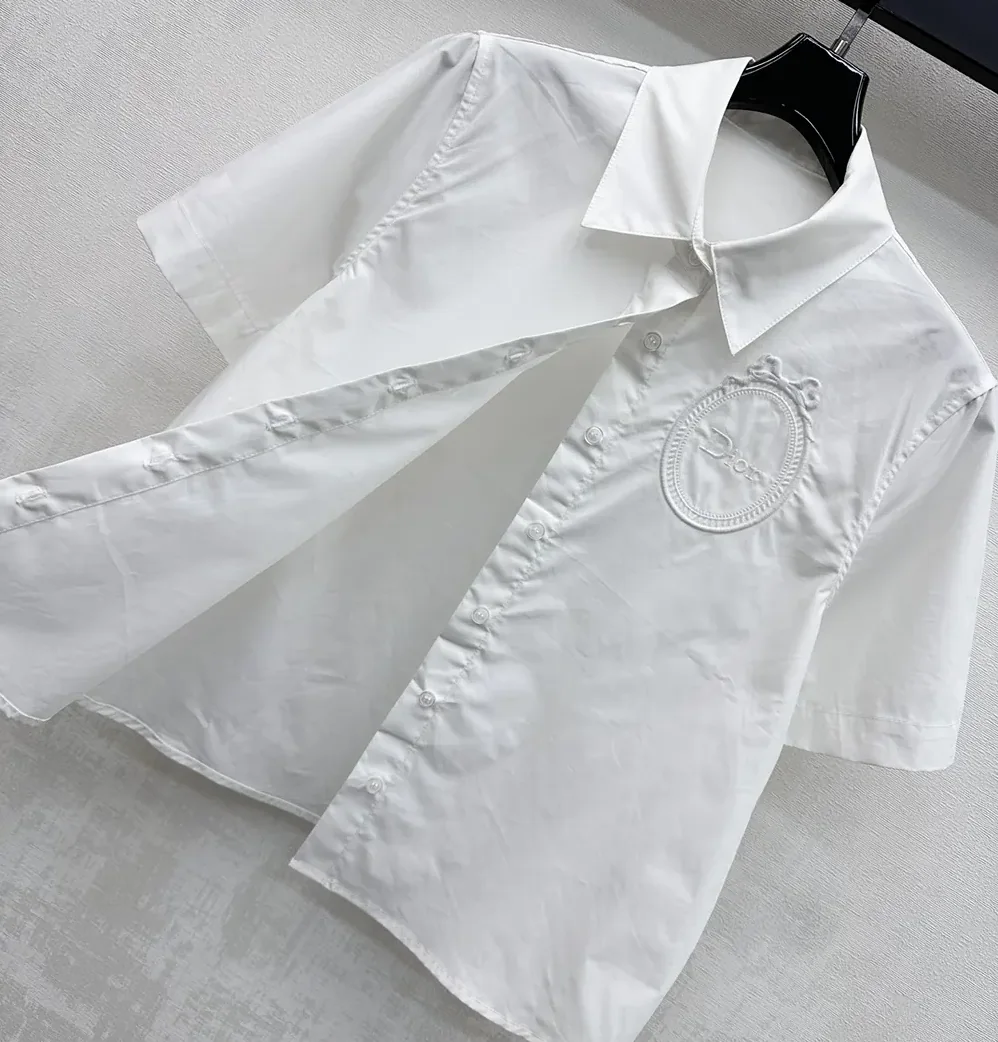 Dior Médaillon Embroidered Short-Sleeved Blouse White Cotton Poplin for Women