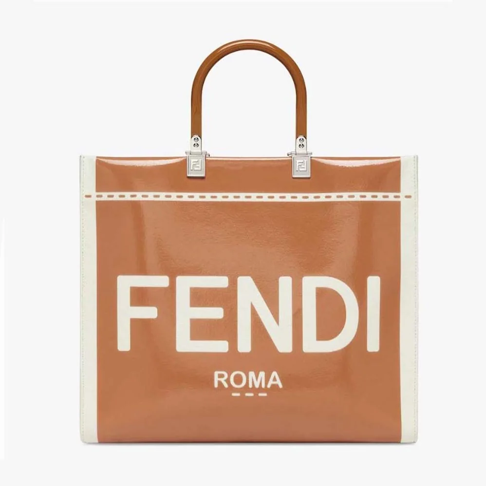 Fendi Sunshine Medium Canvas and Brown Patent Leather Shopper Bag for Women Fendi Sunshine Medium Canvas and Brown Patent Leather Shopper Bag for Women