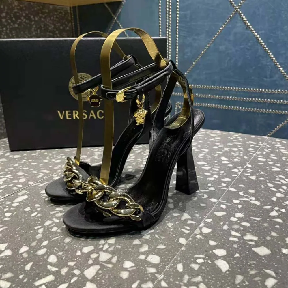 Versace Medusa Chain High Heel Sandals for Women in Black Versace Medusa Chain High Heel Sandals for Women in Black