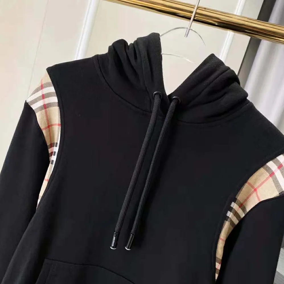 Burberry Vintage Check Panel Cotton Hoodie for Women in Black