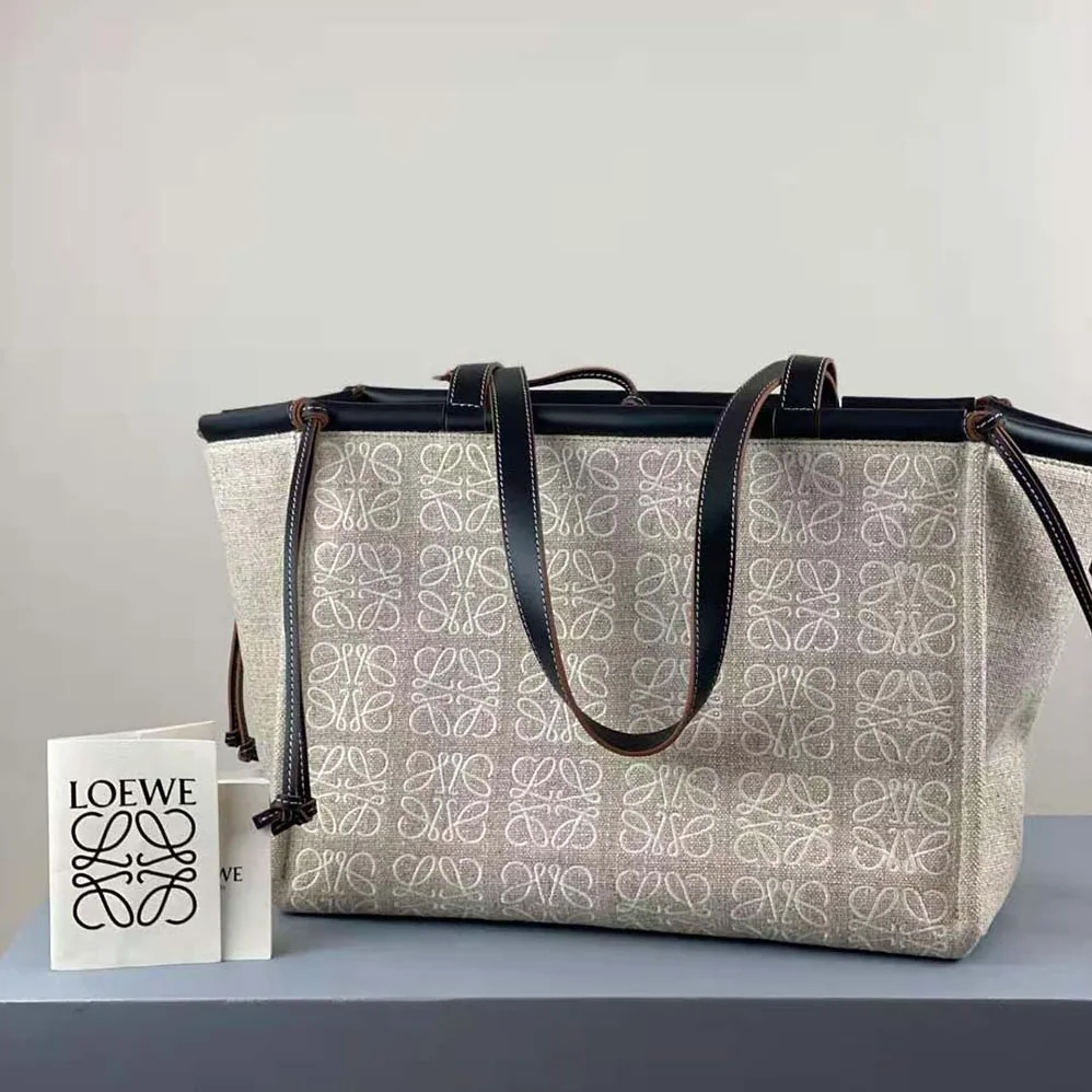 Loewe Cushion Tote Bag in Anagram Linen and Calfskin for Women