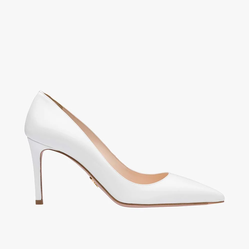 Prada Patent Leather Pointy Toe Pumps 85mm Heel for Women in White