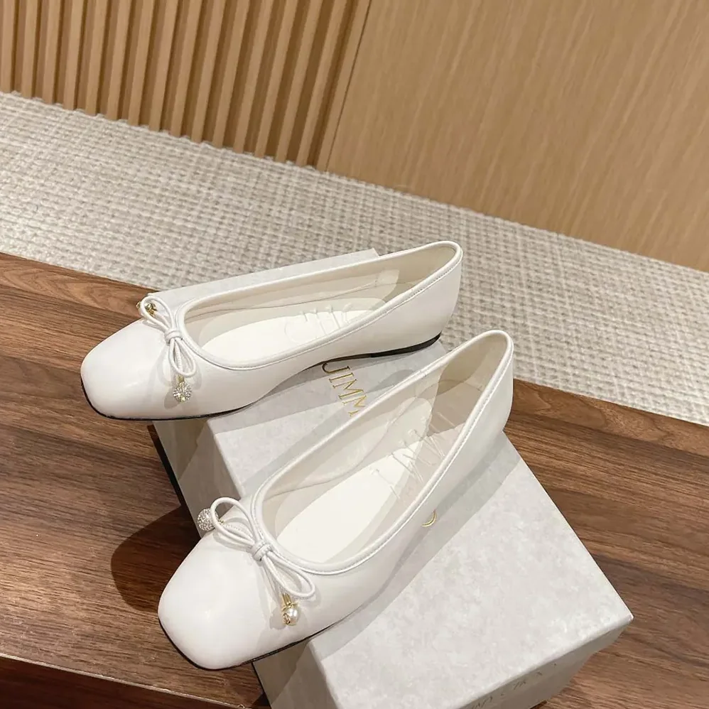 Jimmy Choo Elme Flat Latte Nappa Leather Flats with Pearl Embellishment for Women Jimmy Choo Elme Flat Latte Nappa Leather Flats with Pearl Embellishment for Women