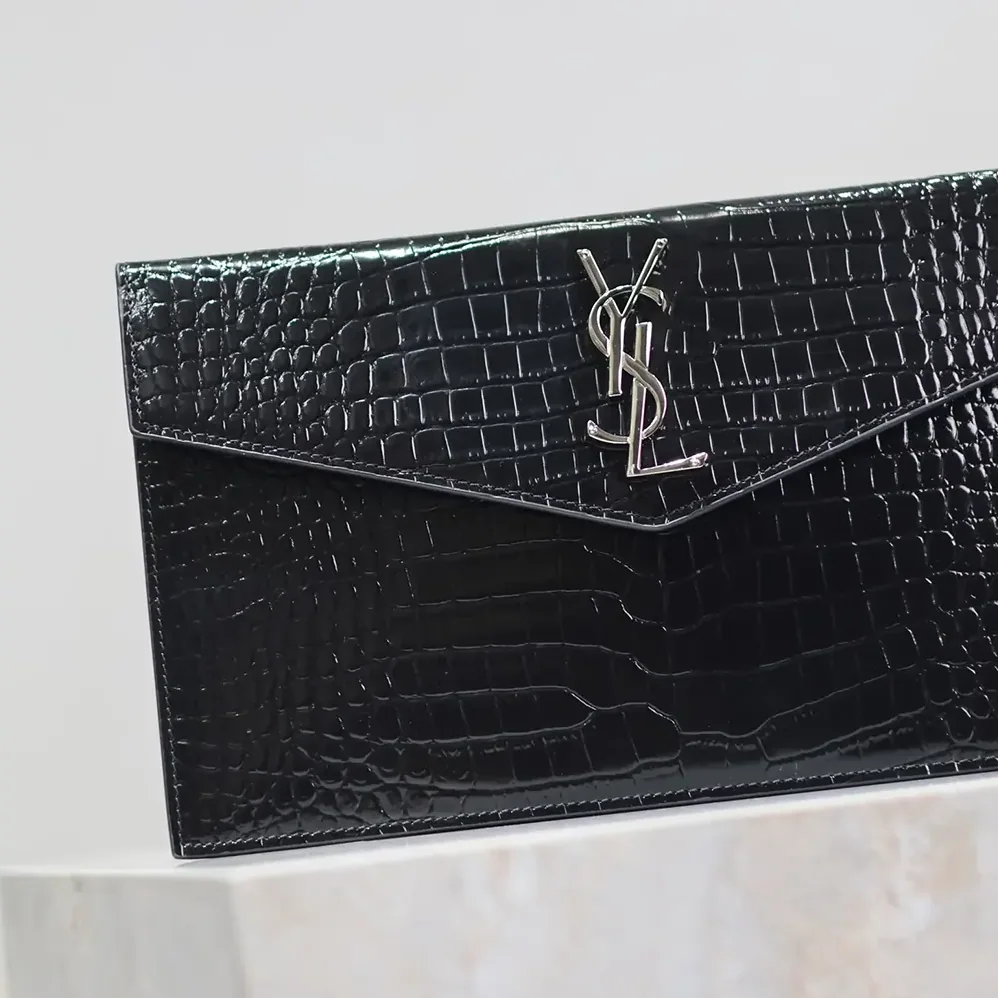 Saint Laurent YSL Uptown Pouch in Crocodile for Women in embossed Shiny Leather