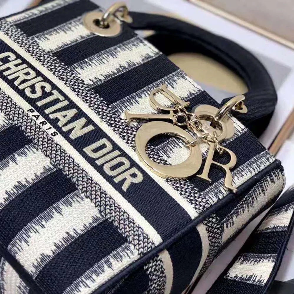 Dior Medium Lady D-lite Bag Blue D for Women in Stripes Embroidery