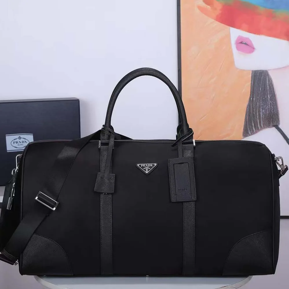 Prada Re-Nylon and Saffiano Leather Duffle Bag for Men in Black