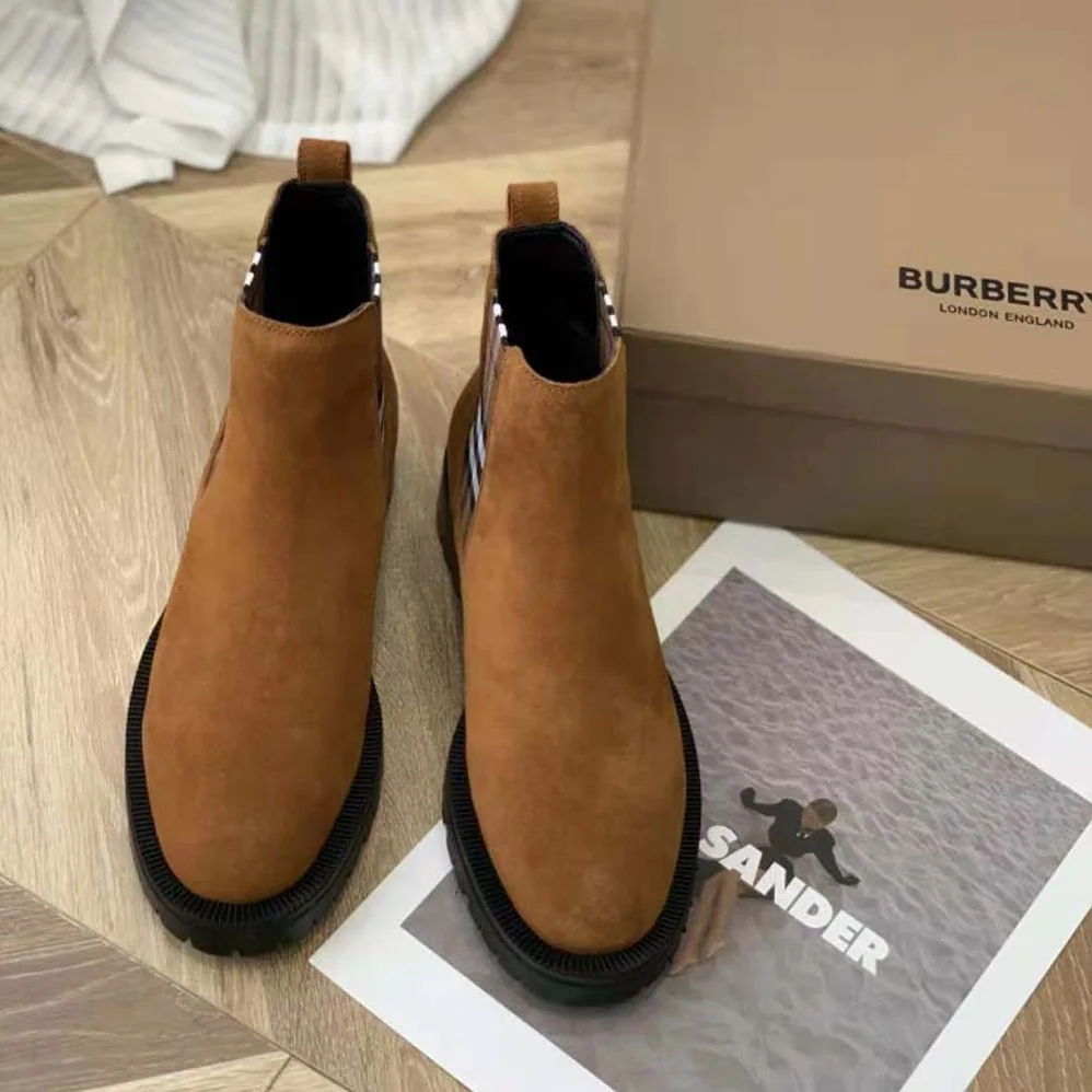 Burberry Vintage Check Detail Suede Chelsea Boots for Women in Brown Burberry Vintage Check Detail Suede Chelsea Boots for Women in Brown