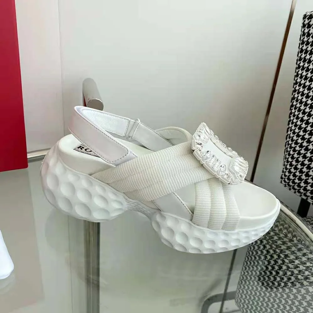 Roger Vivier Viv' Run Light Strass Buckle Sandals in Fabric for Women in White