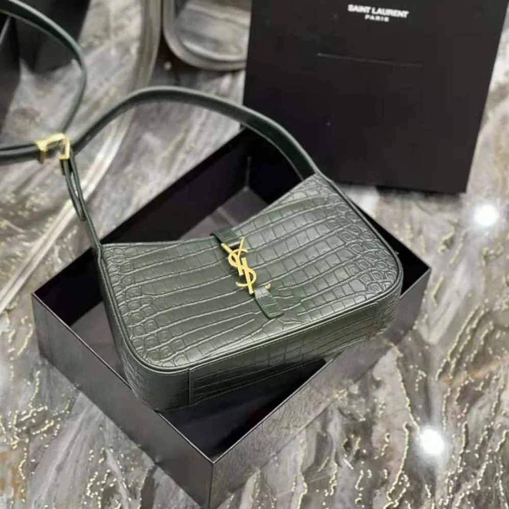 Saint Laurent YSL Le 5 A 7 Hobo Bag in Crocodile-Embossed Leather for Women in Green Saint Laurent YSL Le 5 A 7 Hobo Bag in Crocodile-Embossed Leather for Women in Green