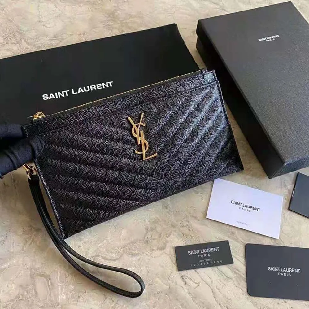 Saint Laurent YSL Large Monogram Bill Pouch in Grain DE Poudre Embossed Leather for Women in Black