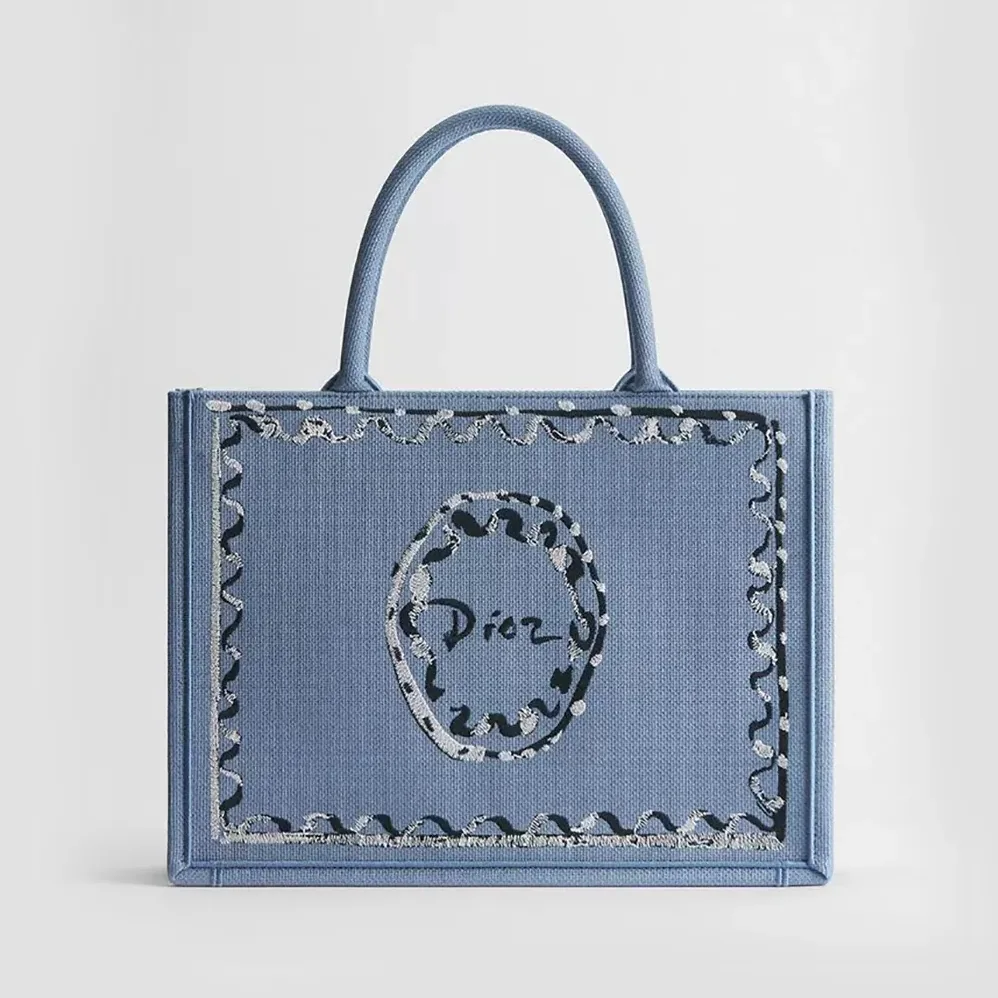 Dior Dioriviera Medium Dior Book Tote with Strap Blue-Greige Dior Painted Ribbon Embroidery for Women Dior Dioriviera Medium Dior Book Tote with Strap Blue-Greige Dior Painted Ribbon Embroidery for Women