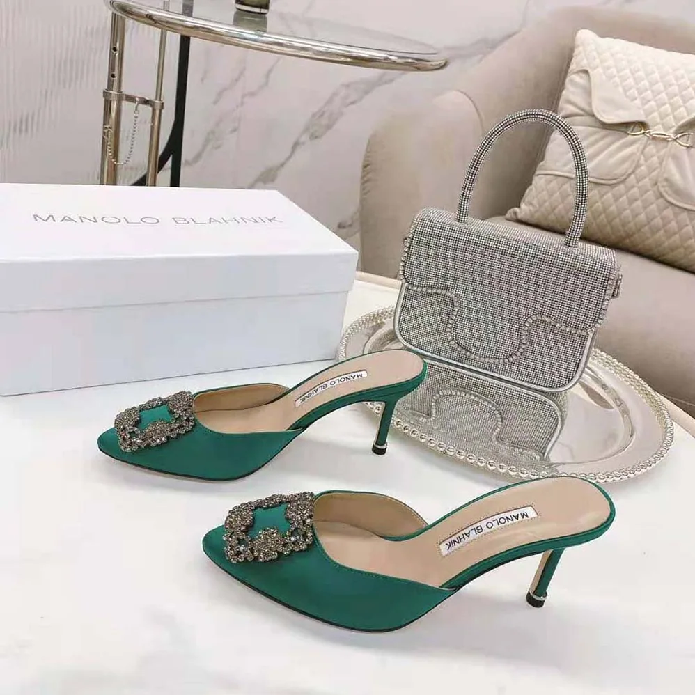 Manolo Blahnik Green Satin Jewel Buckle Mules for Women Manolo Blahnik Green Satin Jewel Buckle Mules for Women
