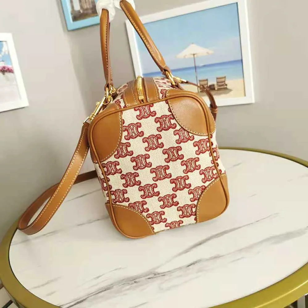 Celine Small Boston Bag in Textile With Triomphe Embroidery for Women