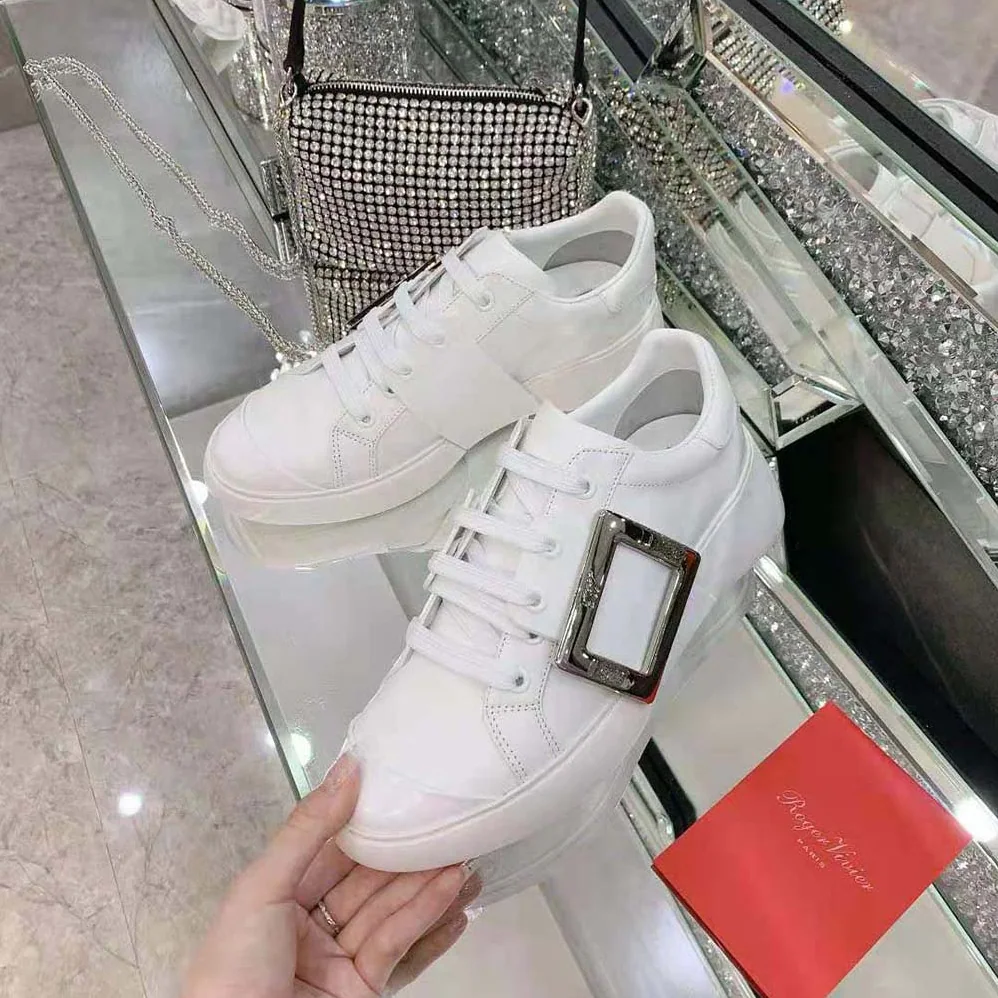 Roger Vivier Viv Skate Metal Buckle Sneakers in Soft Leather for Women in White
