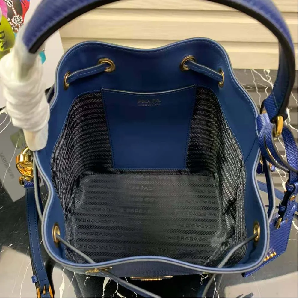 Prada Saffiano Leather Bucket Bag for Women in Navy