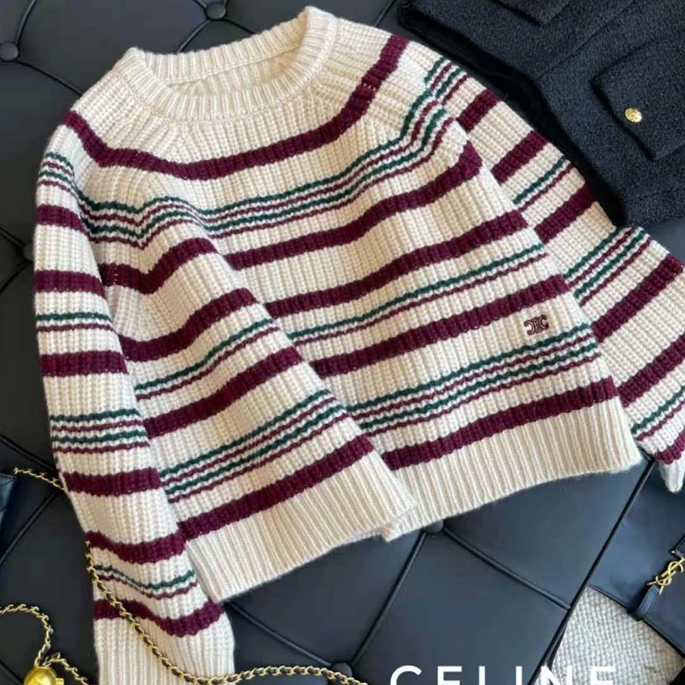 Celine Crew Neck Sweater in Striped Ribbed Wool for Women