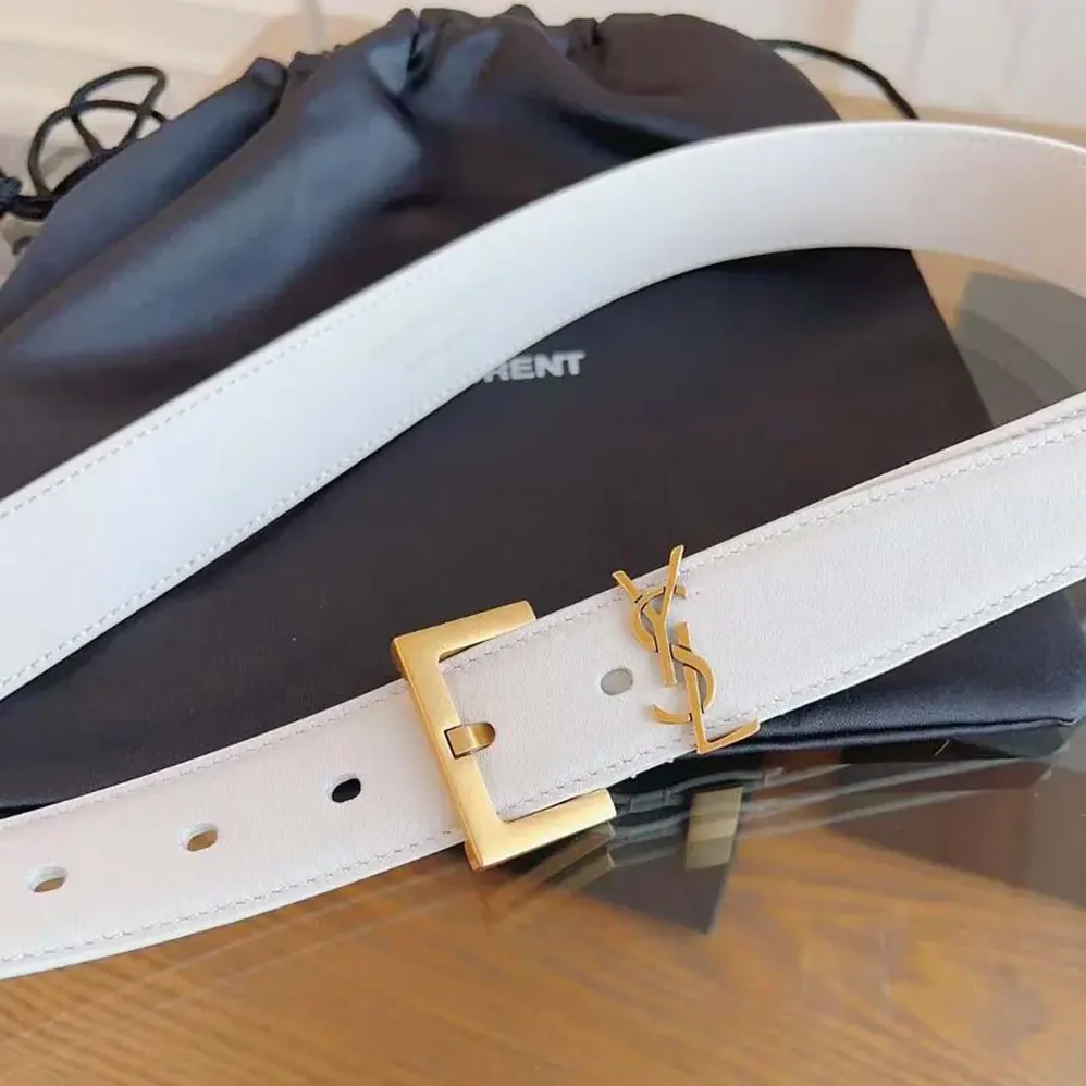 Saint Laurent YSL Cassandre Thin Belt with Square Buckle in Lacquered Leather for Women in White Saint Laurent YSL Cassandre Thin Belt with Square Buckle in Lacquered Leather for Women in White