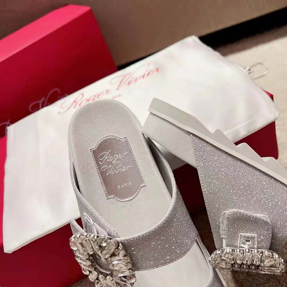 Roger Vivier Slidy Viv Strass Buckle Sandals in Fabric for Women in Gray Roger Vivier Slidy Viv Strass Buckle Sandals in Fabric for Women in Gray