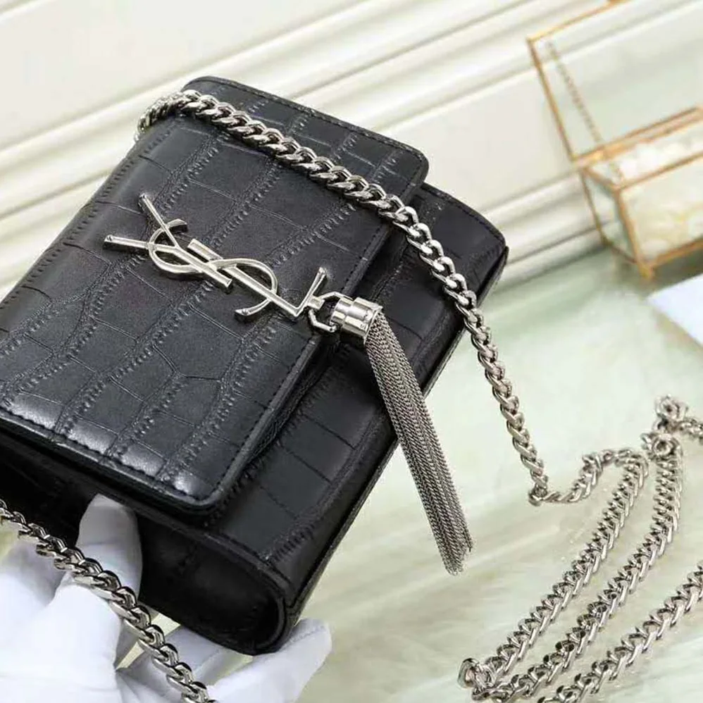 Saint Laurent YSL Kate Tassel Chain Wallet Crocodile Embossed for Women in Black Saint Laurent YSL Kate Tassel Chain Wallet Crocodile Embossed for Women in Black