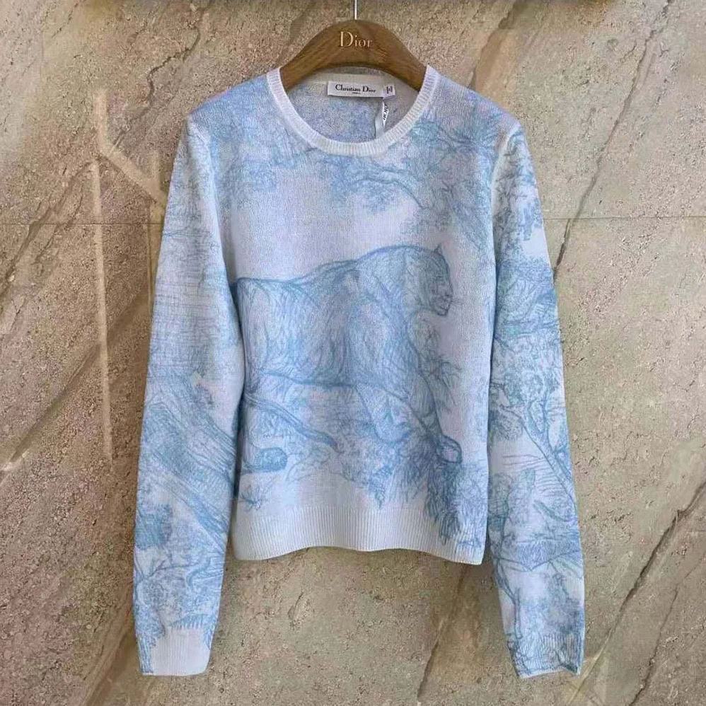 Dior Chez Moi Embroidered Sweater Cornflower Blue Technical Cashmere Knit for Women Dior Chez Moi Embroidered Sweater Cornflower Blue Technical Cashmere Knit for Women