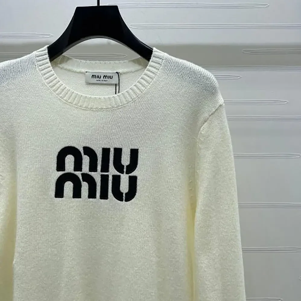 Miu Miu Double Cashmere Sweater with Logo for Women in White