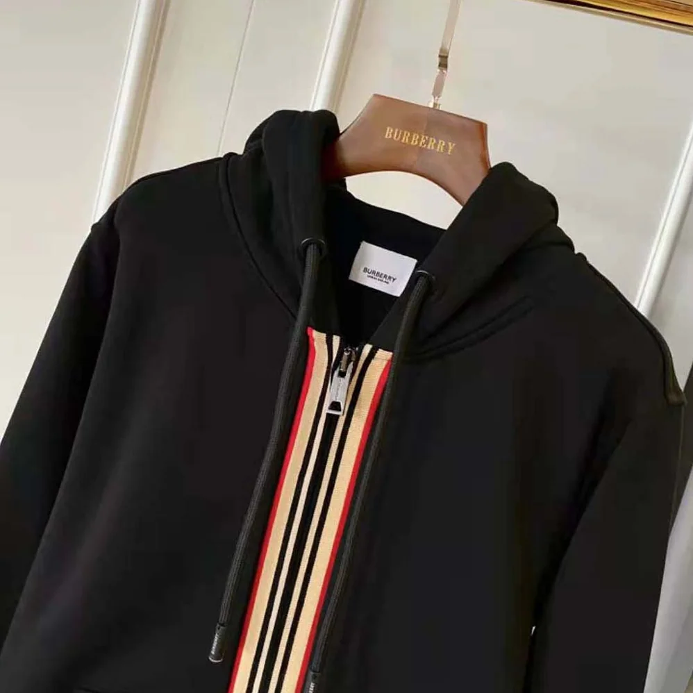 Burberry Icon Stripe Detail Cotton Hooded Top for Men in Black
