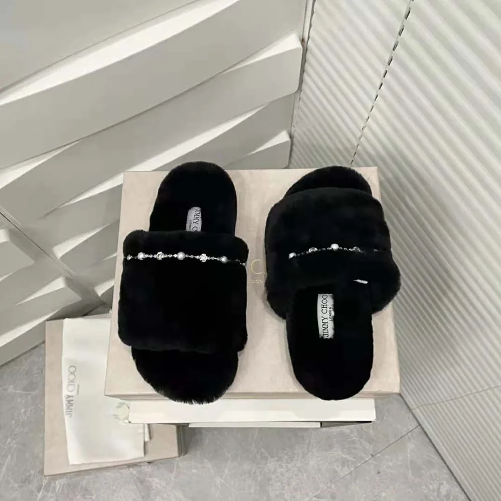 Jimmy Choo Acinda Slipper Black Shearling Slippers with Crystal and Pearl Detailing for Women