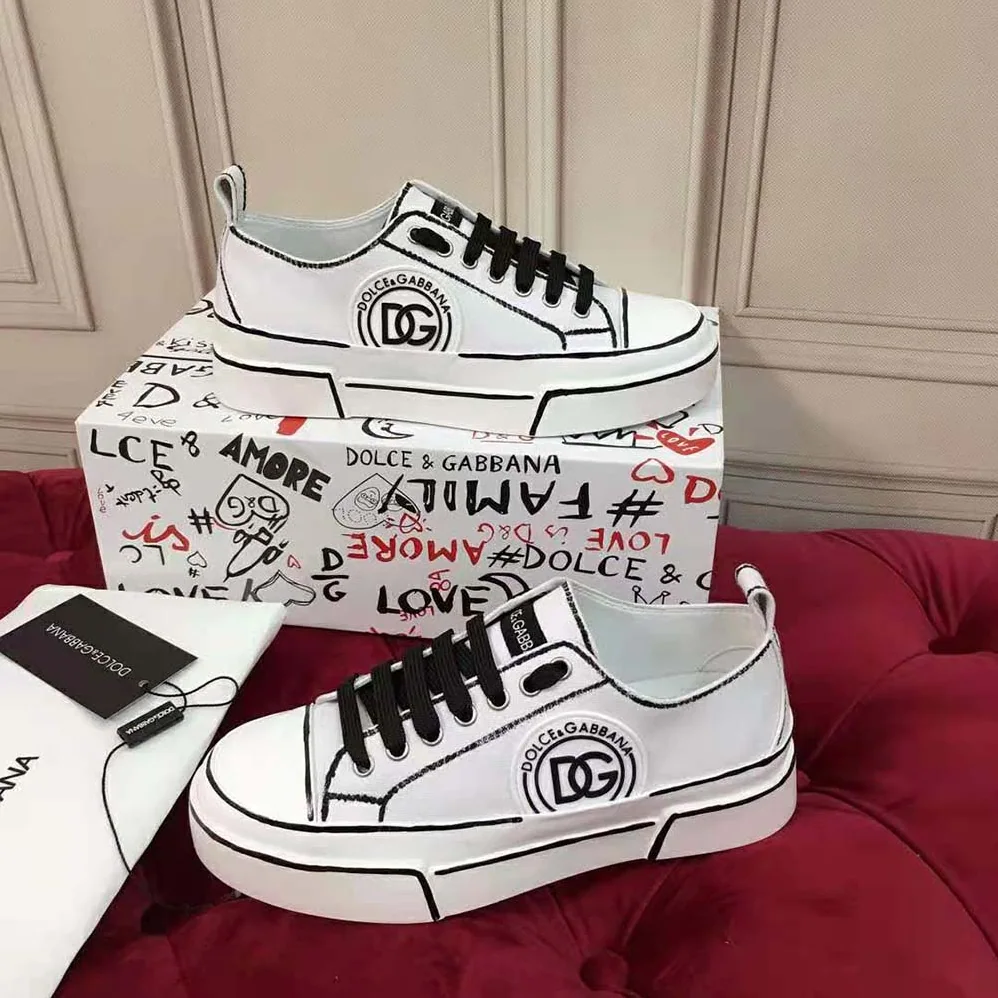 Dolce Gabbana D&G Hand-painted Canvas Portofino Light Sneakers for Women in White Dolce Gabbana D&G Hand-painted Canvas Portofino Light Sneakers for Women in White