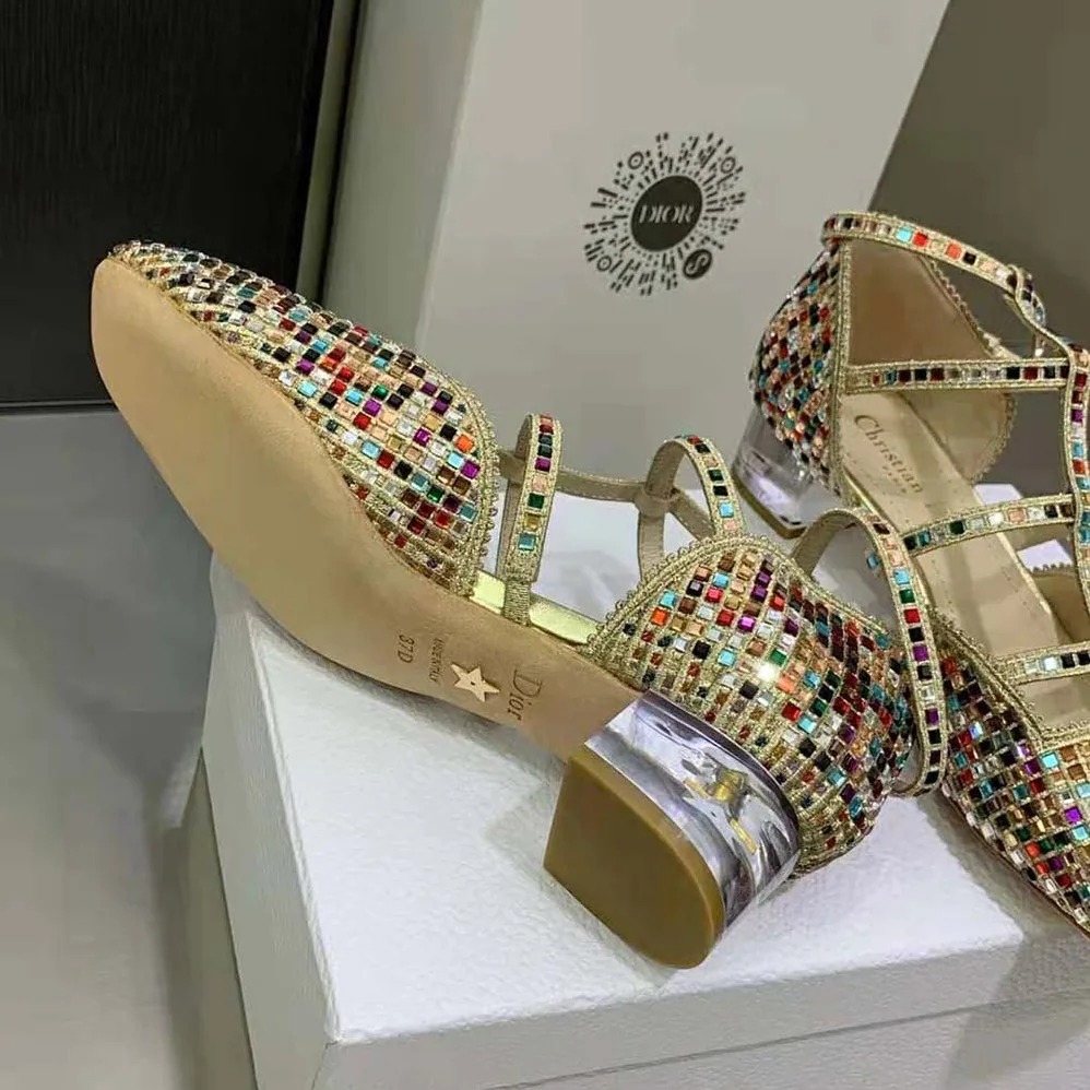 Dior Arty Ballerina Flat Gold-Tone Cotton Embroidered with Metallic Thread and Multicolor Square Strass for Women Dior Arty Ballerina Flat Gold-Tone Cotton Embroidered with Metallic Thread and Multicolor Square Strass for Women