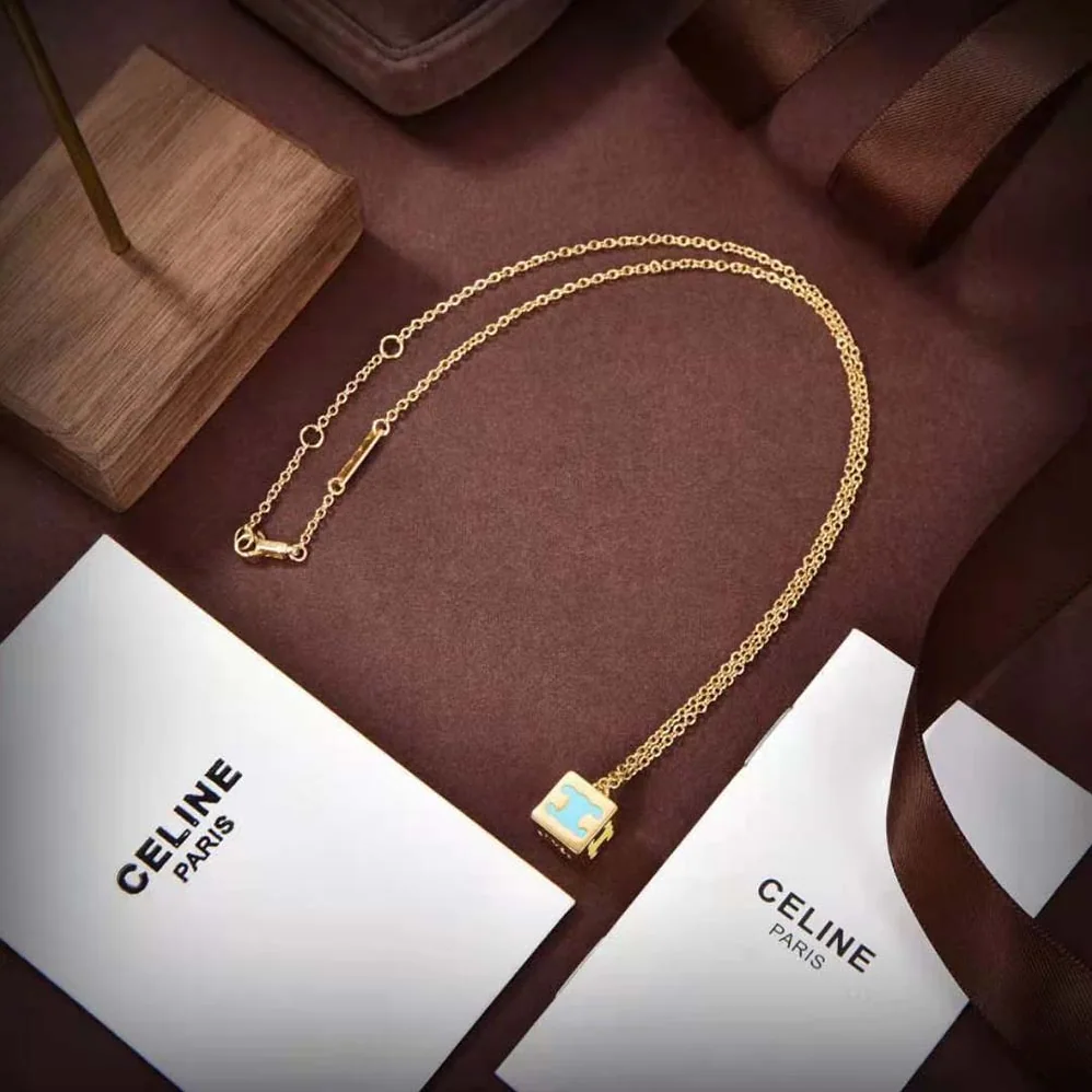 Celine Triomphe Cube Necklace in Brass with Gold Finish and Colored Enamel for Women Celine Triomphe Cube Necklace in Brass with Gold Finish and Colored Enamel for Women