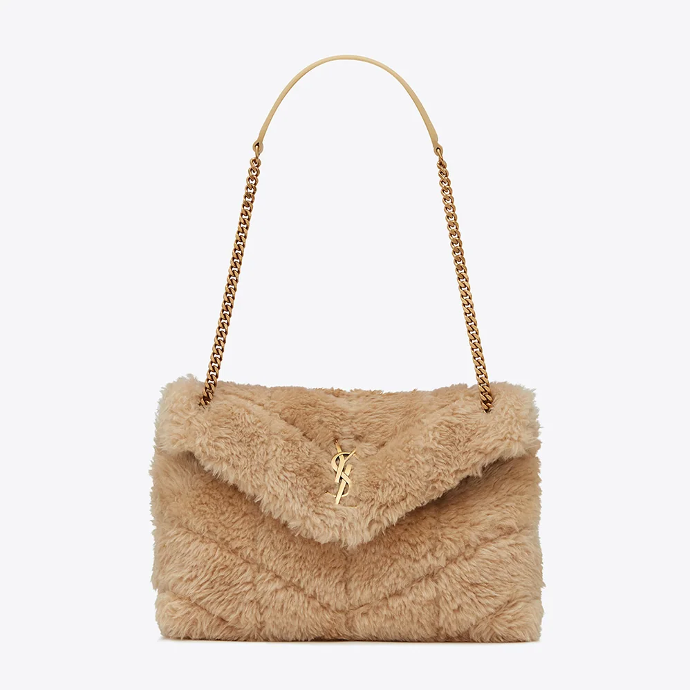 Saint Laurent YSL Puffer Small Bag in Merino Shearling and Lambskin for Women in Sandy Saint Laurent YSL Puffer Small Bag in Merino Shearling and Lambskin for Women in Sandy