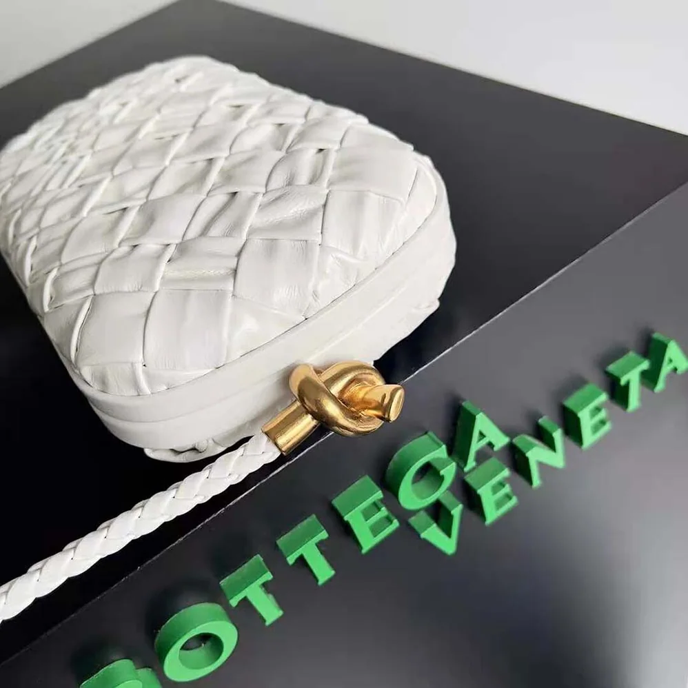 Bottega Veneta Knot On Strap Foulard Intreccio Leather Minaudiere with Strap for Women in White Bottega Veneta Knot On Strap Foulard Intreccio Leather Minaudiere with Strap for Women in White