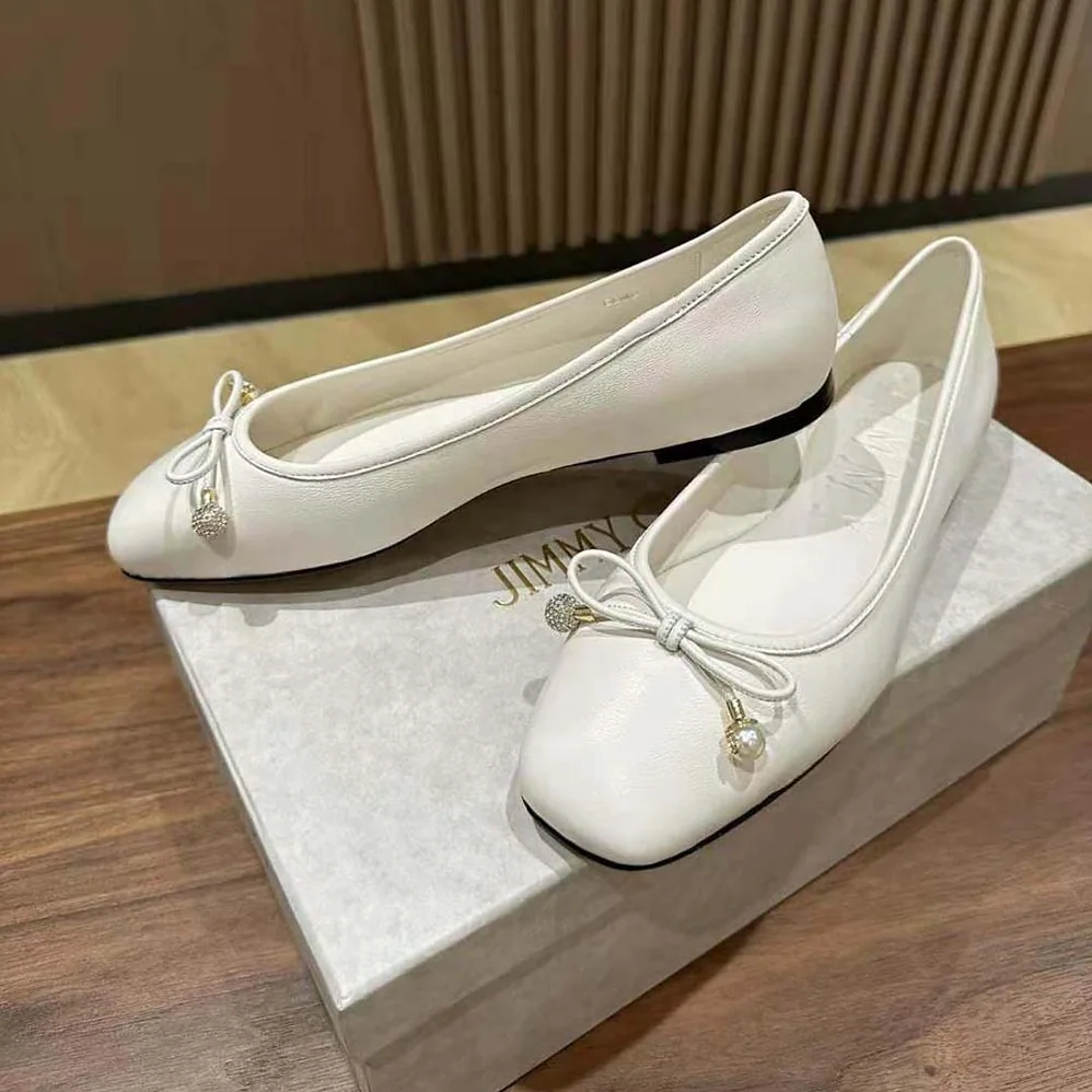 Jimmy Choo Elme Flat Latte Nappa Leather Flats with Pearl Embellishment for Women Jimmy Choo Elme Flat Latte Nappa Leather Flats with Pearl Embellishment for Women
